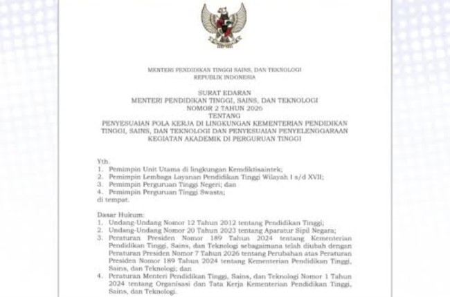 Surat Edaran Nomor 2 Tahun 2026 tentang penyesuaian kegiatan akademik di perguruan tinggi. (foto: Instagram)