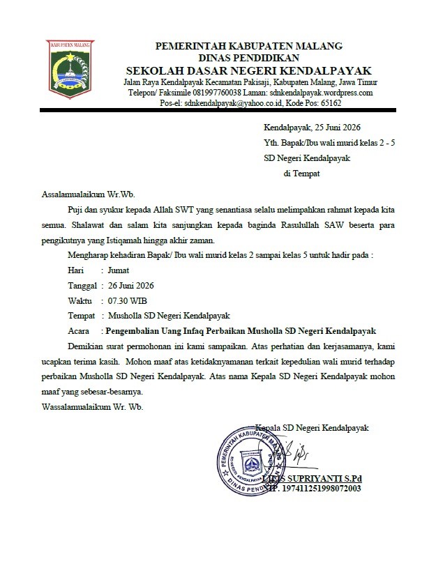 Surat pemberitahuan kepada wali murid SDN Kendalpayak.