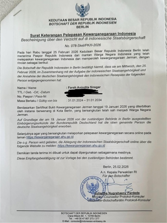 Surat Keterangan Pelepasan Kewarganegaraan Republik Indonesia. (Foto: Threads)
