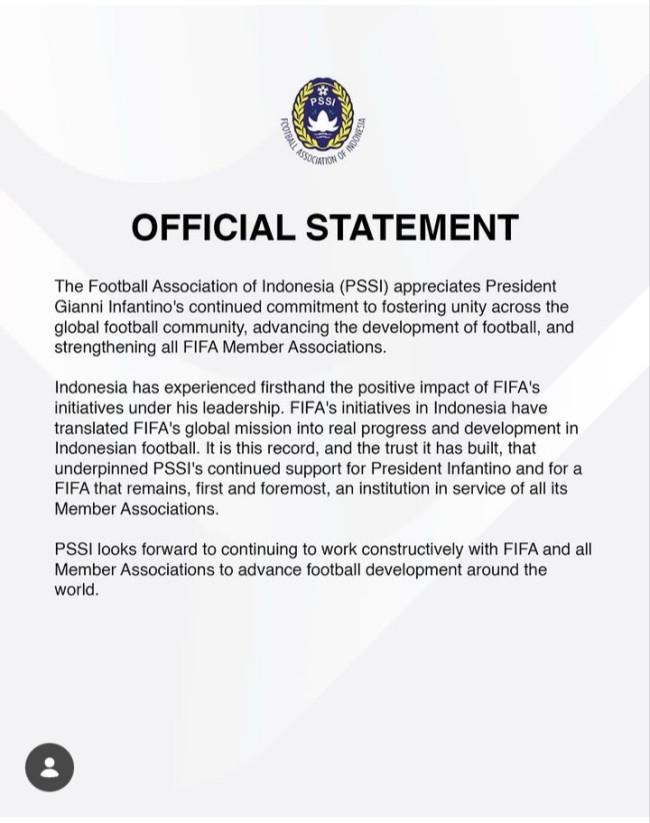 Pernyataan dukungan PSSI untuk Gianni Infantino. (Foto @erickthohir)