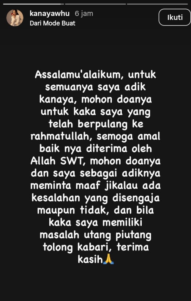 Pengumuman meninggal nya Kanaya Whu. (Foto Instagram)